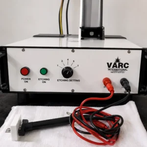 Portable electrochemical etching machine with manual control system and electric drive for industrial metal marking and permanent etching applications.